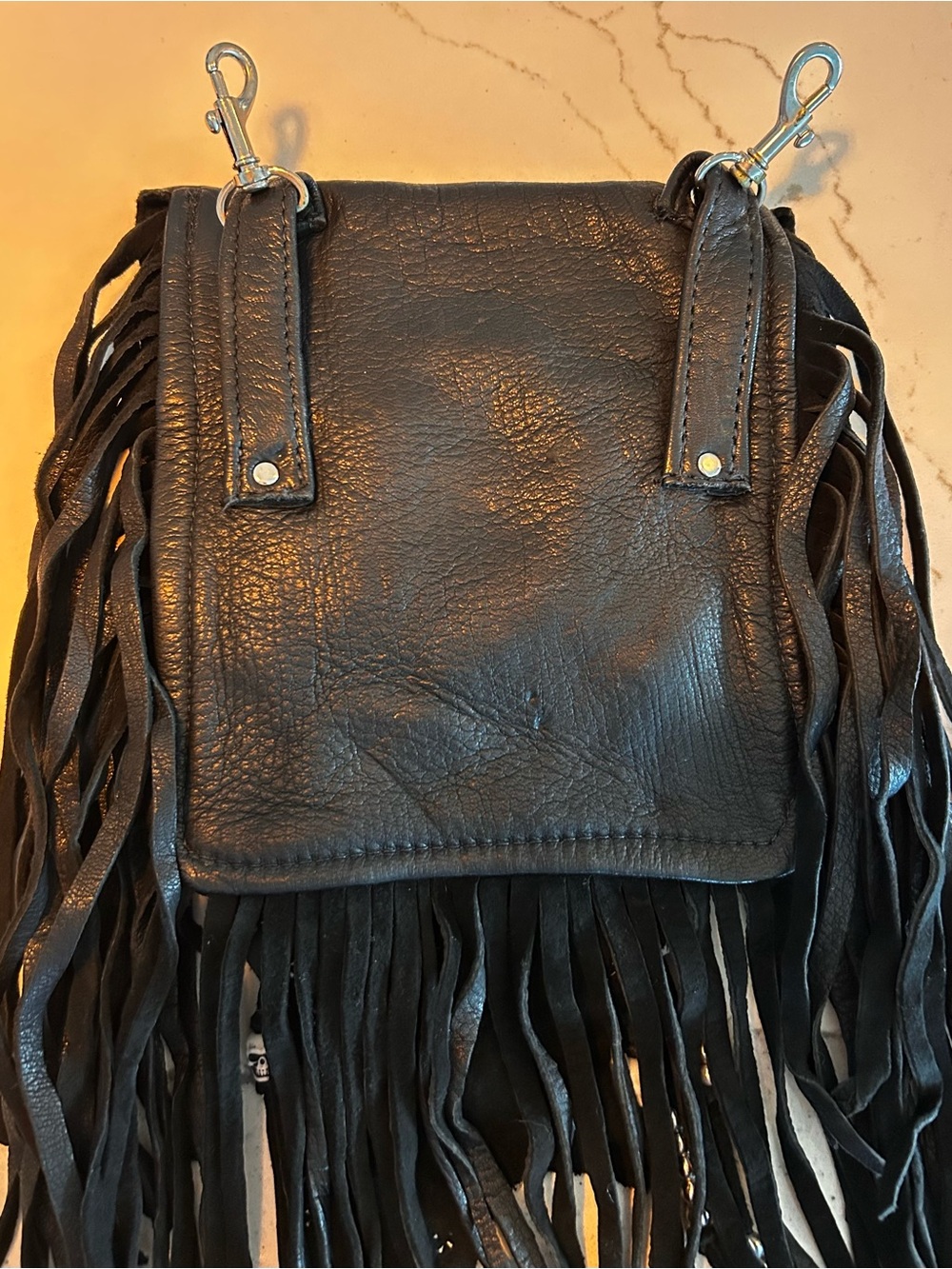 Black Fringe Crossbody Bag with Rhinestone Skull Accent - Picture 3 of 8